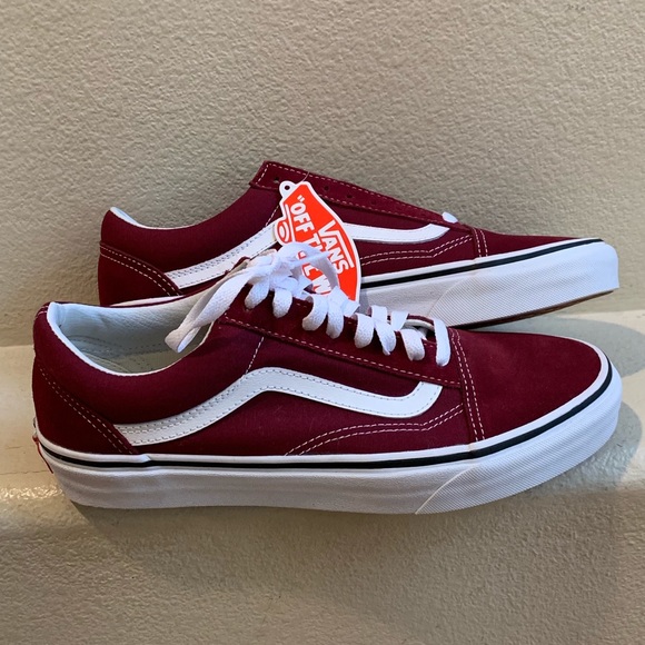 white and burgundy vans